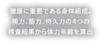 健康に重要である身体組成、視力、筋力、持久力の ４つの検査結果から体力年齢を算出