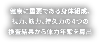 健康に重要である身体組成、視力、筋力、持久力の ４つの検査結果から体力年齢を算出